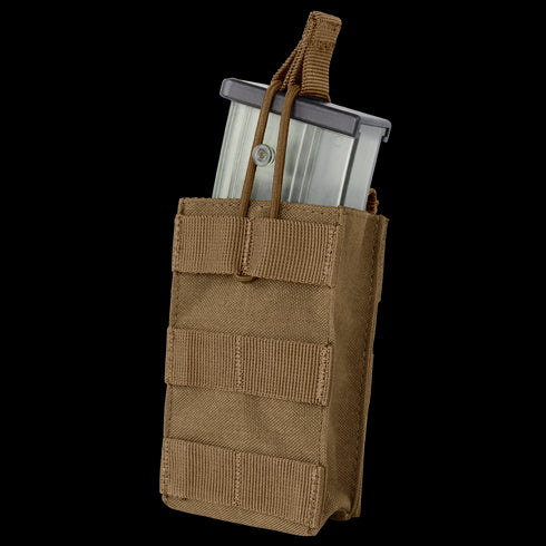 The Condor Single G36 Open-Top Mag Pouch is a tan tactical nylon pouch with MOLLE webbing and retention strap, shown holding a partially inserted rifle magazine—ideal for Military or Law Enforcement use.